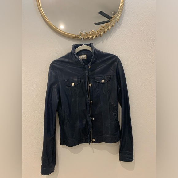 Navy Blue Leather Jacket - Picture 4 of 12